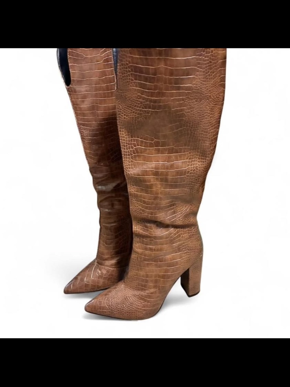 Amazon Brown Croc-Embossed Pointed Toe Knee-High Block Heel Boots